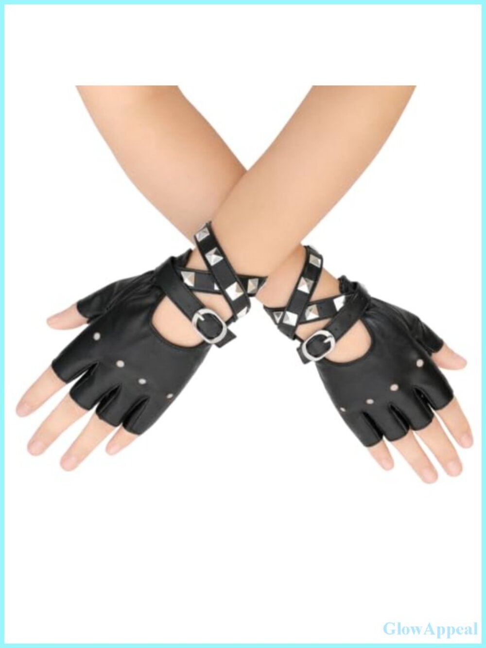 PU Leather Punk Fingerless Gloves with Studs and Adjustable Tie